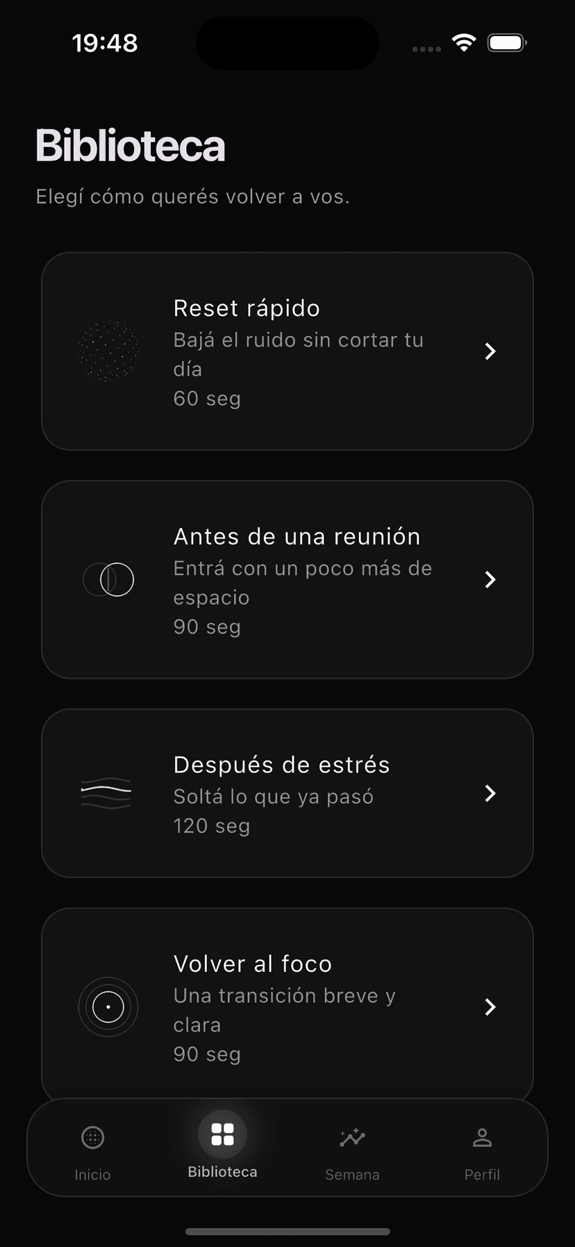 Momentos: reset, reunión, estrés, foco y sueño, cada uno con su forma.
